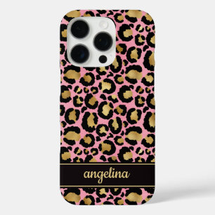 Goud Folie Op Roze Luipaardprint Monogram iPhone 16 Pro Hoesje