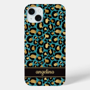 Goud Folie Op Teal Luipaardprint Monogram iPhone 15 Mini Hoesje