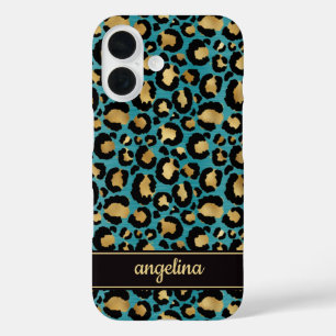Goud Folie Op Teal Luipaardprint Monogram iPhone 16 Hoesje