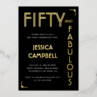 Goud Folie Vijftig en Fabulous 50e Verjaardagsfees Uitnodiging