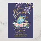 Goud Folie Wisteria THEE PARTY BRUILOFT QR Code Folie Uitnodiging (Voorkant)