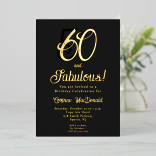 Goud Folie Zwart 60 &Fabulous 60ste Verjaardagsfee Uitnodiging