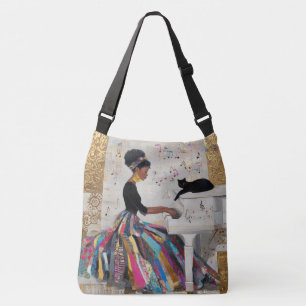 Goud Folie Zwarte Dame Pianiste en Kat Crossbody Tas