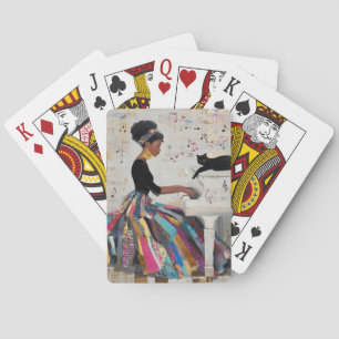 Goud Folie Zwarte Dame Pianiste en Kat Pokerkaarten