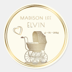 Goud Frans Baby Carriage Geboorte Datum Aankondigi Ronde Sticker