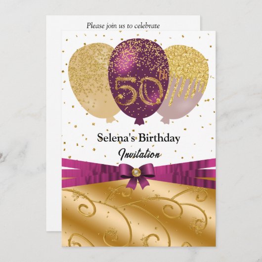 Goud, Fuchsia ballonnen & Zijde Lint 50e Verjaarda Kaart (Voorkant / Achterkant)