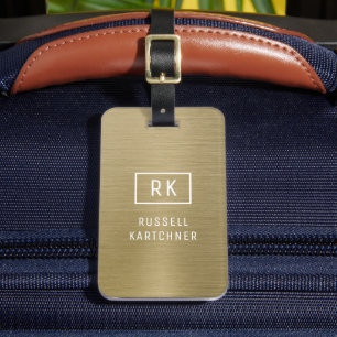 Goud geborsteld metaal modern monogram bagagelabel