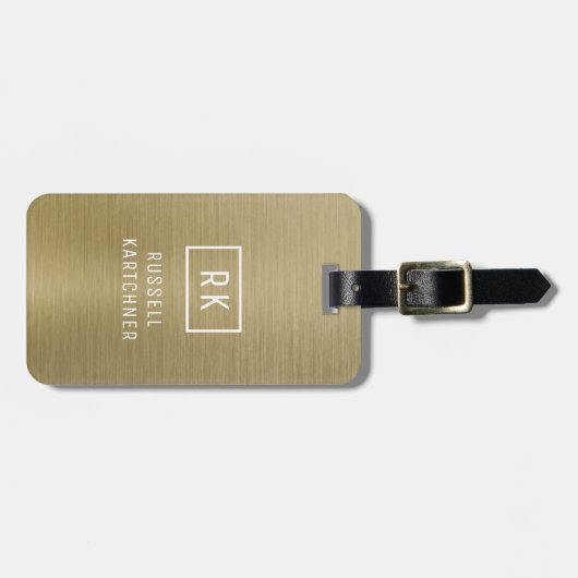 Goud geborsteld metaal modern monogram bagagelabel (Voorkant horizontaal)