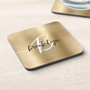 Goud geborsteld metaal zwart wit schrift monogram  bier onderzetter