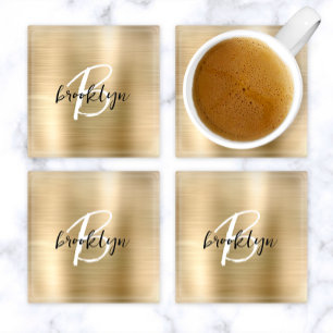 Goud geborsteld metaal zwart wit script monogram  glazen onderzetter
