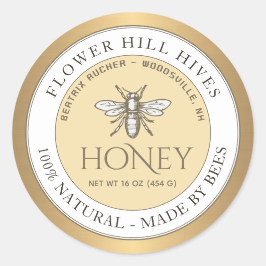 Goud Geel Wit Honing Label Frans Bee (Voorkant)