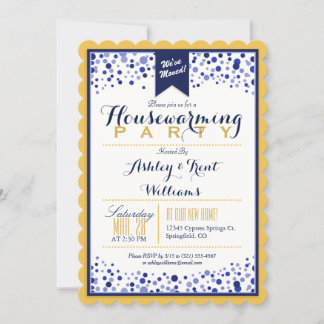 Goud Geel, Wit, Marine Blauw Housewarming Party Kaart