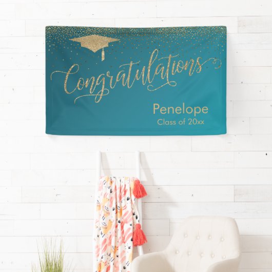 Goud Gefeliciteerd Afstuderen Ombre Blauwgroen Spandoek (Insitu)
