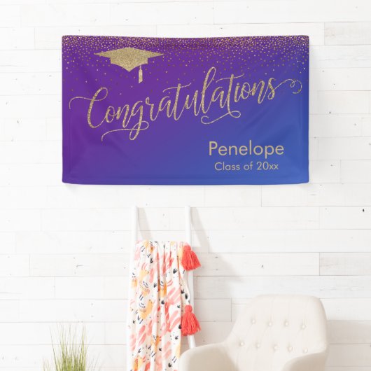 Goud Gefeliciteerd Afstuderen Paarse Blauw Ombre Spandoek (Insitu)