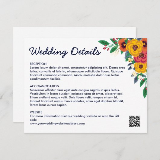 Goud Gele Navy Blauwe Boho Boeket QR Code Informatiekaartje (Voorkant / Achterkant)