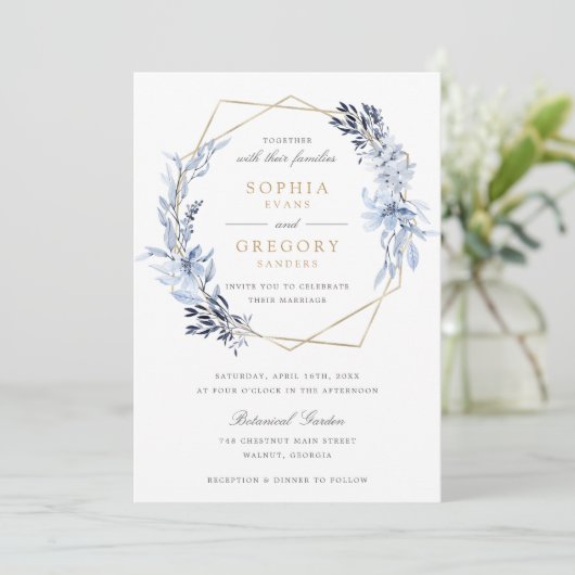 Goud Geometrisch Bloemen Blauw Bladeren Lijst Brui Kaart (Staand voorkant)