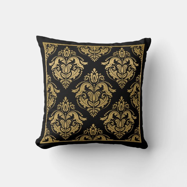 Goud Geometrisch Damask Lijst op zwart Kussen (Voorkant)