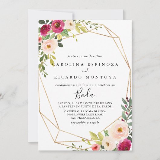 Goud Geometrisch groen Bloemen Spaans Bruiloft Kaart (Voorkant)