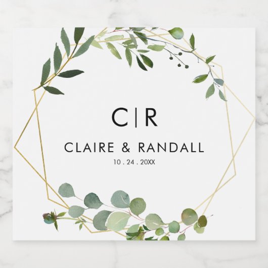 Goud Geometrisch Groen Eucalyptus Bruiloft Sparkling Wijnetiket (Enkel label)