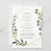 Goud Geometrisch Lijst Eucalyptus Greenery Wedding Kaart (Voorkant)