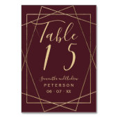 Goud Geometrisch Rood Bordeaux Script Trouwtafel Kaart (Voorkant)