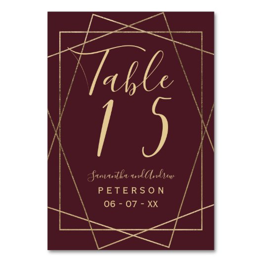 Goud Geometrisch Rood Bordeaux Script Trouwtafel Kaart (Voorkant)