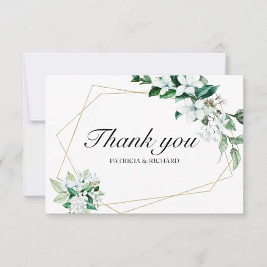 Goud Geometrische Bloemen Groen Bruiloft Dank u RSVP Kaartje (Voorkant)