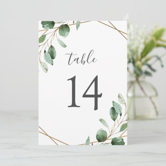 Goud geometrische Eucalyptus Greenery Table Number (Staand voorkant)