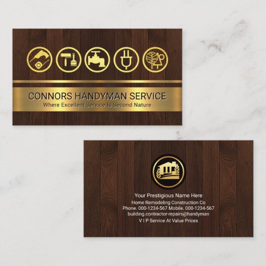 Goud gereedschap op hout visitekaartje (Voorkant / Achterkant)