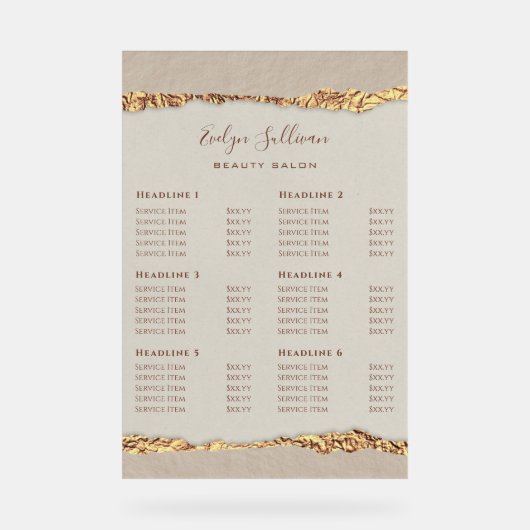 Goud geript papier prijslijst acryl bord (Voorkant)