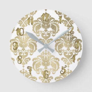Goud Glamour & Wit Damast Modern Persoonlijk Ronde Klok