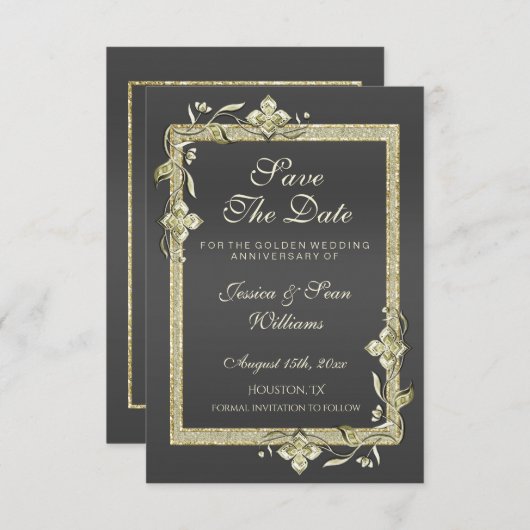 Goud Glans & Glitter 50ste Gouden Bruiloft Save The Date (Voorkant / Achterkant)