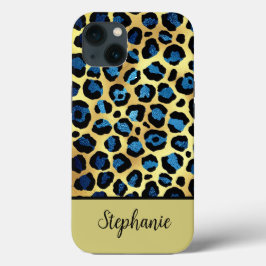 Goud Glitter Blauw Luipaard Print Naam iPhone 13 Hoesje