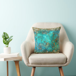 Goud Glitter Blauwe Turquoise Edelsteen Vuur Glam Kussen