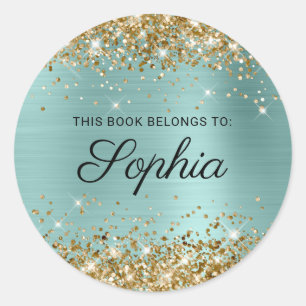 Goud Glitter Bleek Turquoise Calligrafie Boek Ronde Sticker