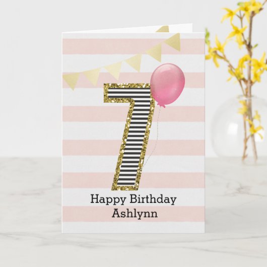 Goud Glitter en Roze 7de Verjaardag Kaart (Gele Bloem)