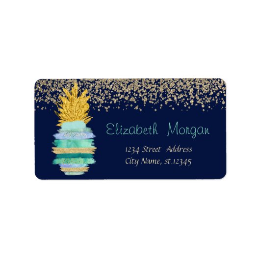 Goud Glitter Groene Ananas Marineblauw Etiket (Voorkant)