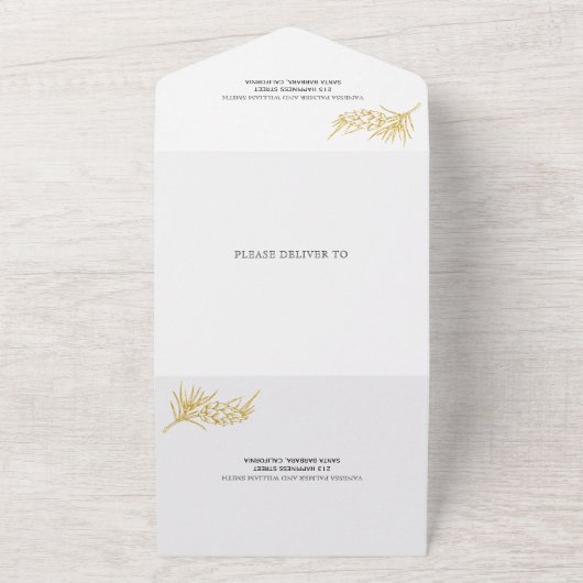 Goud glitter lijst evergreen winter bruiloft all in one uitnodiging (Buitenkant)