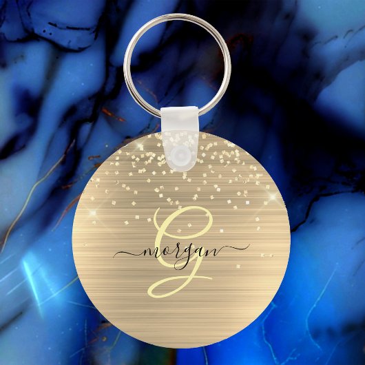 Goud Glitter & Monogram, Zwarte Script Naam Sleutelhanger