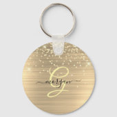Goud Glitter & Monogram, Zwarte Script Naam Sleutelhanger (Voorkant)