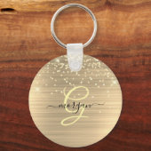 Goud Glitter & Monogram, Zwarte Script Naam Sleutelhanger (Voorkant)