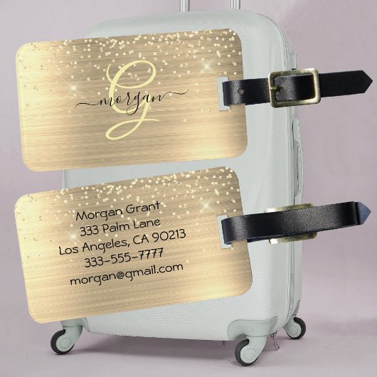 Goud Glitter & Monogram, Zwarte Script Naam, Vs 2 Bagagelabel