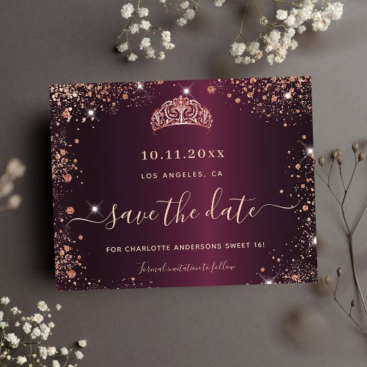 Goud glitter roos tiara, gezoet 16 uitnodiging briefkaart