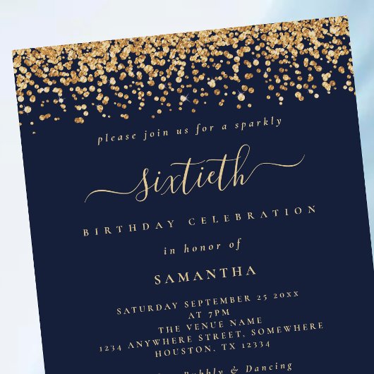 Goud Glitter Script Marine Blauw Glam 60th Party Kaart