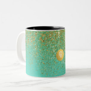Goud Glitter & Turkoois Aqua Glam Eigen Naamletter Tweekleurige Koffiemok