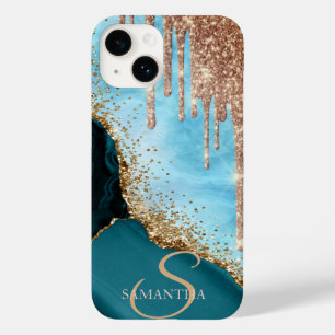 Goud Glitter Turquoise Marmer Glitter Druppels Case-Mate iPhone 14 Hoesje