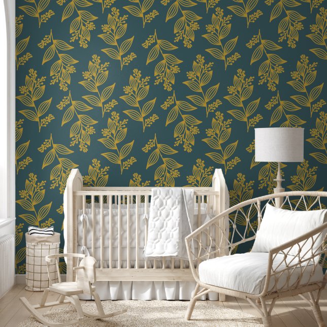 Goud Grijs Blauw Bloem Botanische Bloemen Behang (Kinderen)