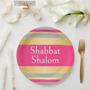 Goud Grijs Heet Roze Strepen, Shabbat Shalom Glam Papieren Bordje