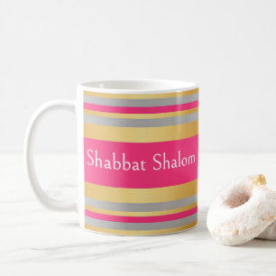Goud Grijs Heet Roze Strepen, Shabbat Shalom Koffiemok