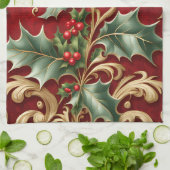 Goud Groen Bladeren Rode Vakantie Keuken Handdoek (Gevouwen)